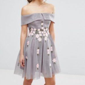 Off shoulder Floral Mesh Bardot Skater Dress